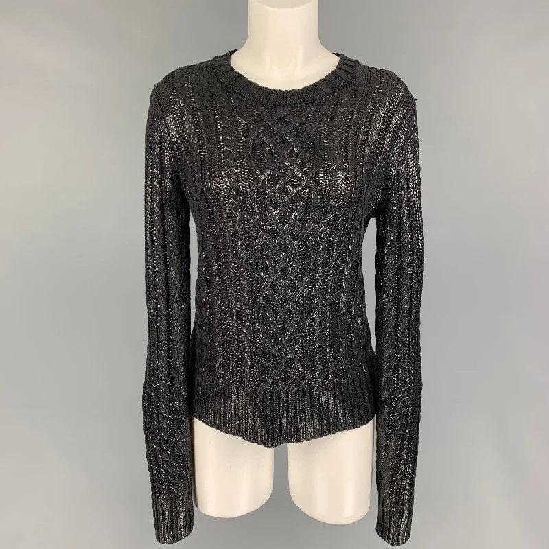 RALPH LAUREN Collection Size M Black Silk Cable Knit Crew-Neck Sweater Polka Dot Checkered Tartan