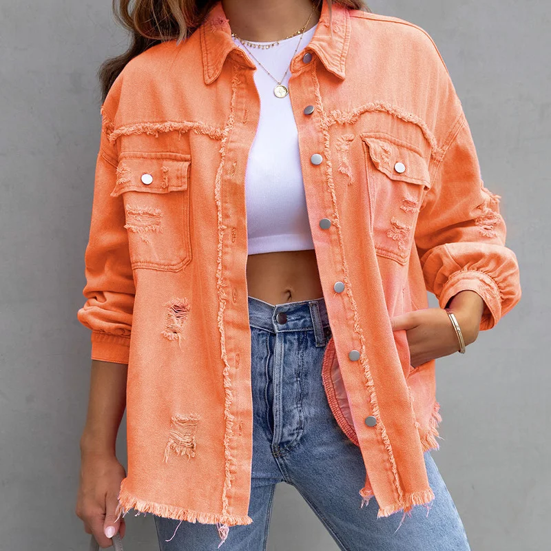 Women Fashion Solid Color Mid-Length Ripped Loose Raw Hem Denim Jacket Coat Notch Collar Peter Pan Collar Cowl Neck
