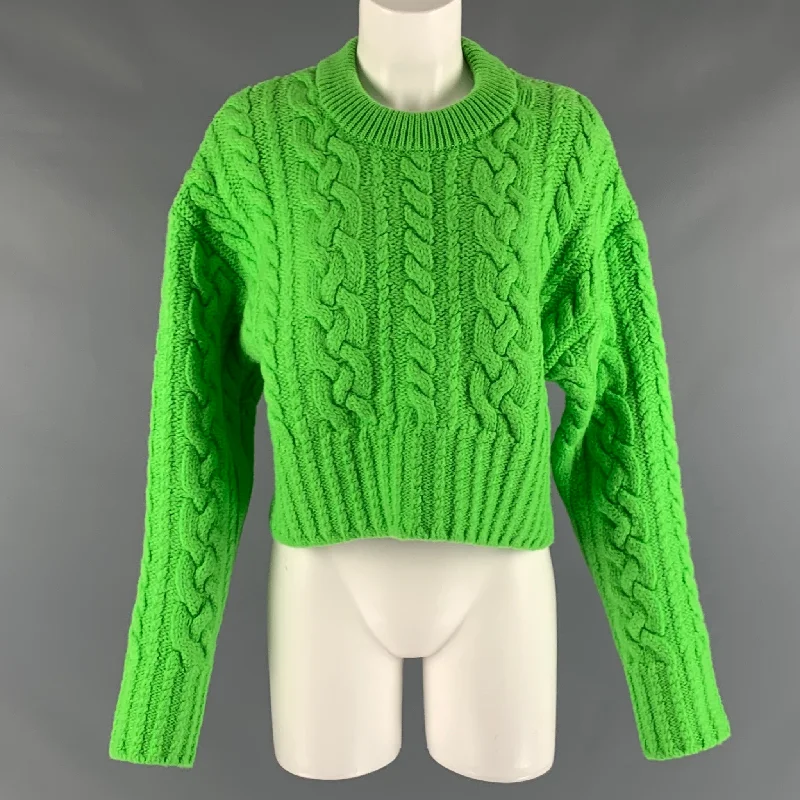 AMI by ALEXANDRE MATTIUSSI Size M Green Wool Cable Knit Cropped Sweater Solid Print Embellished