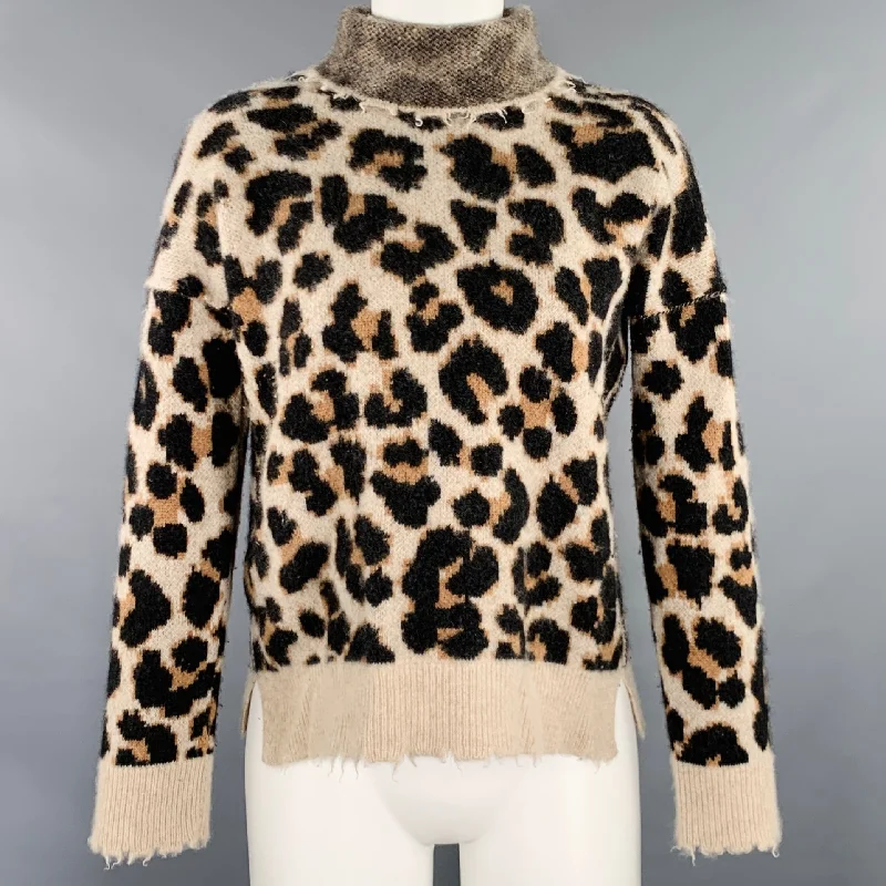 ZADIG & VOLTAIRE Size S Beige Brown Cashmere Animal Print Mock Neck Sweater Modern Contemporary Chic