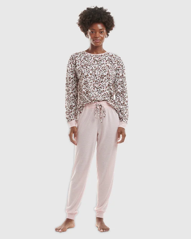 Mauve Heather Leopard Print Pullover Jogger PJ Set Chunky Knit Pullover