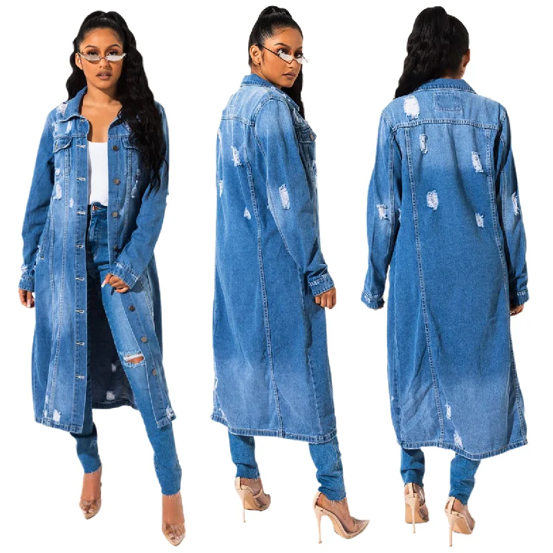 Women'S Fashion Ripped Denim Jacket Snapped Jacket Toggled Jacket Drawstring Jacket