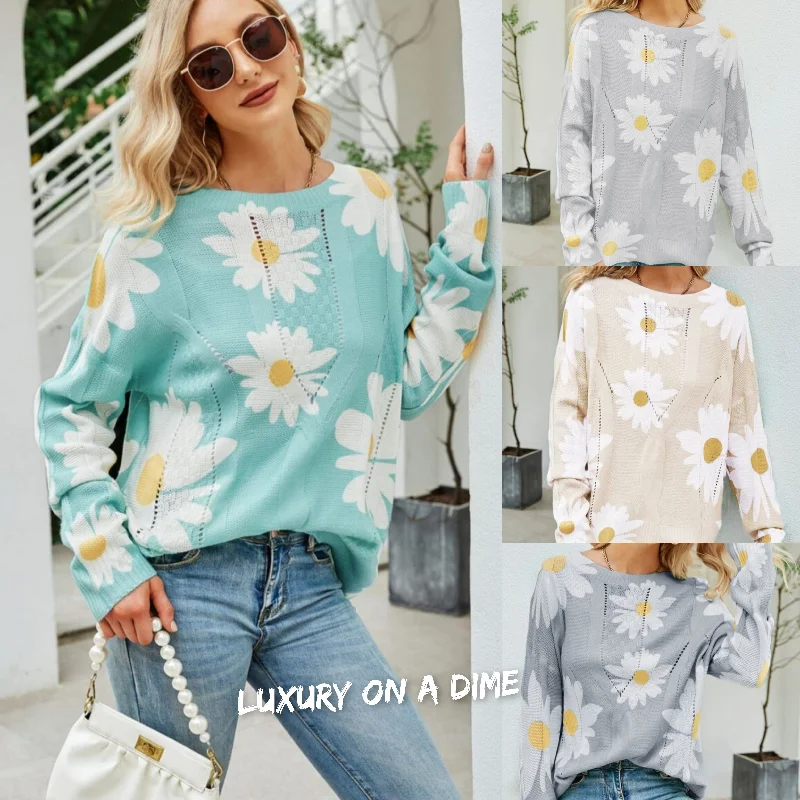 Daisy Knit Print Openwork Detail Lightweight Sweater Fitted Slim Tailored