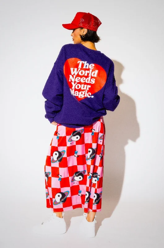 The World Needs Your Magic Heart Puff Print Pullover in Grape Soda Notched Neck Pullover