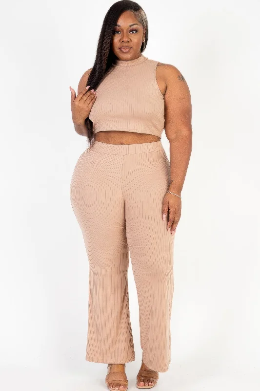 Plus Size Ribbed Mock Neck Crop Tank Top& Bootcut Pants Set white tank top