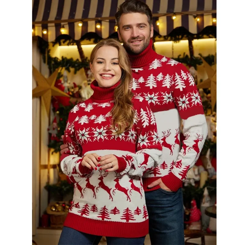 Sweet Casual Couple Knitwear Turtle Neck Christmas Theme Jacquard Knitted Sweater Spandex Blend Rayon Blend Denim Blend