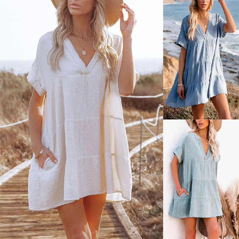 Pullover White Loose V Neck Dress Asymmetrical Hem Sweater