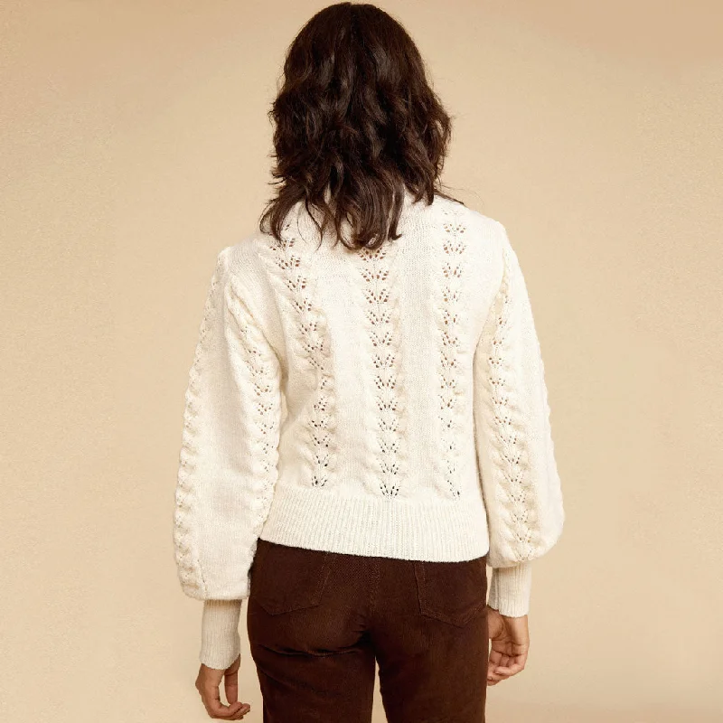 Trendy Bishop Sleeve Single Breasted Openwork Crochet Cardigan - Beige