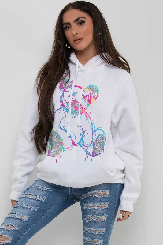 White Oversized Hoodie With Teddy Bear Print