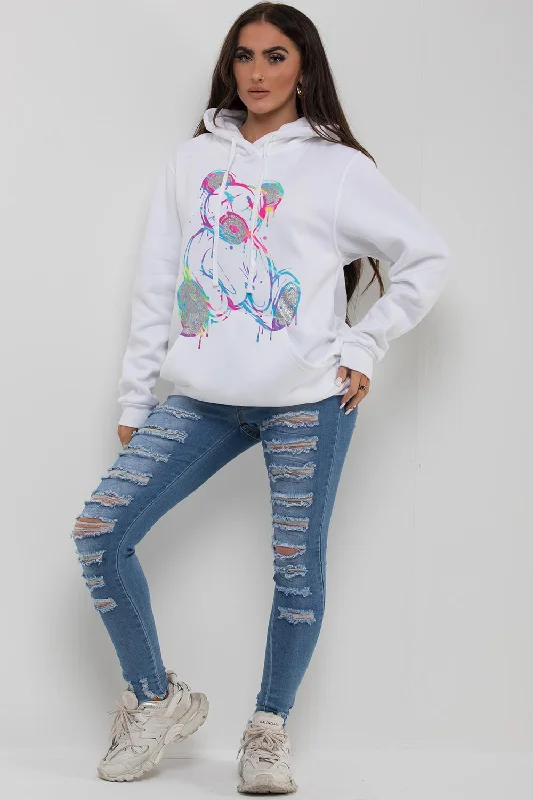 White Oversized Hoodie With Teddy Bear Print