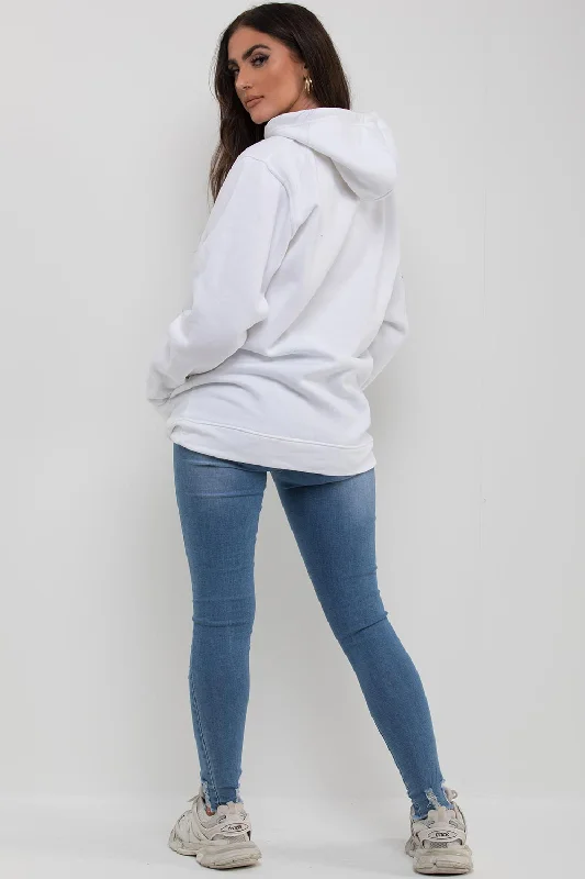 White Oversized Hoodie With Teddy Bear Print