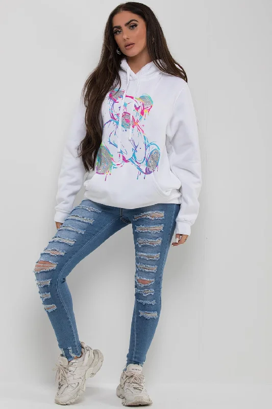 White Oversized Hoodie With Teddy Bear Print