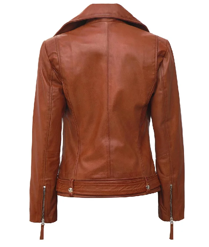 Asymmetrical Leather Biker Jacket Women  Brown Leather