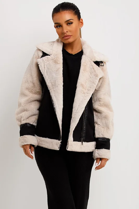 Aviator Jacket In Faux Suede With Fur Sleeves Black