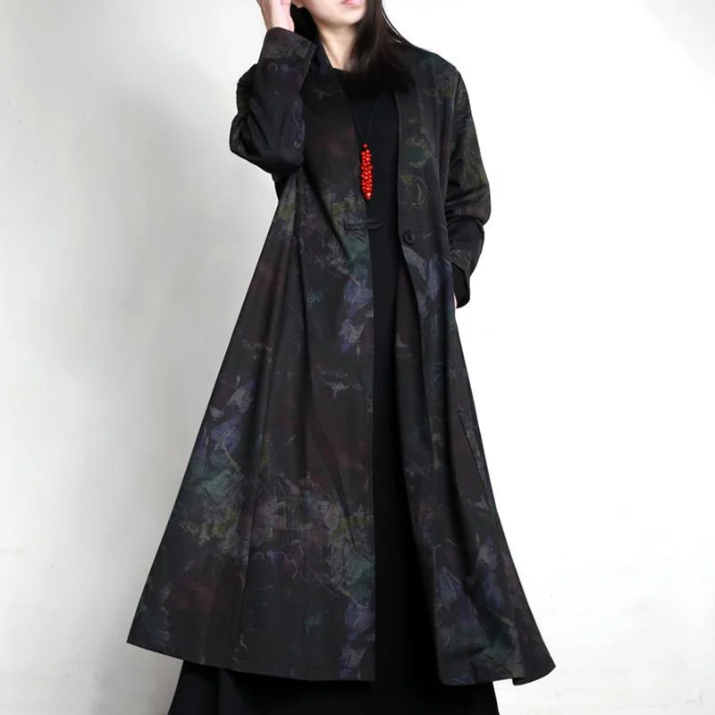 black prints cotton one breast winter coat oversize casual elegant long trench coats