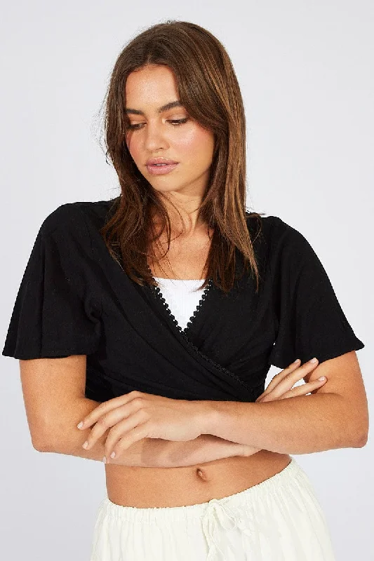 Black Tie Up Top Short Sleeve Linen