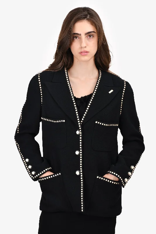 Pre-loved Chanel™ Black Runway Evening Jacket with Beige Patent Ribbon Estimated Size 40