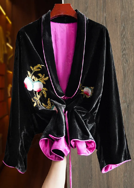 Chic Black Chinese Button Embroideried Silk Velour Coats Long Sleeve