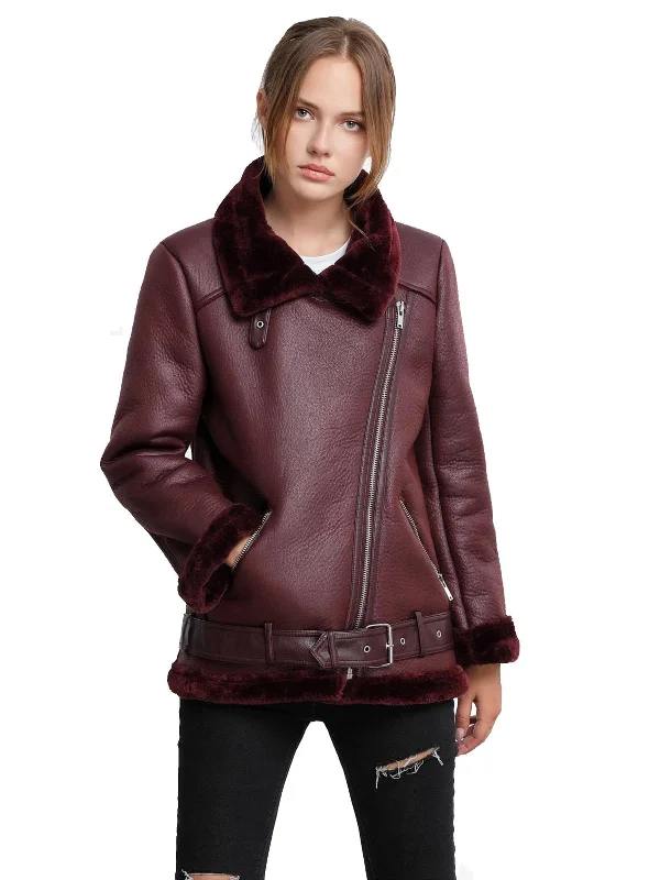 Faux Fur Shearling Leather Biker Jacket in Red