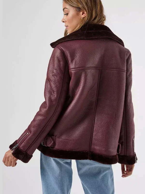 Faux Fur Shearling Leather Biker Jacket in Red