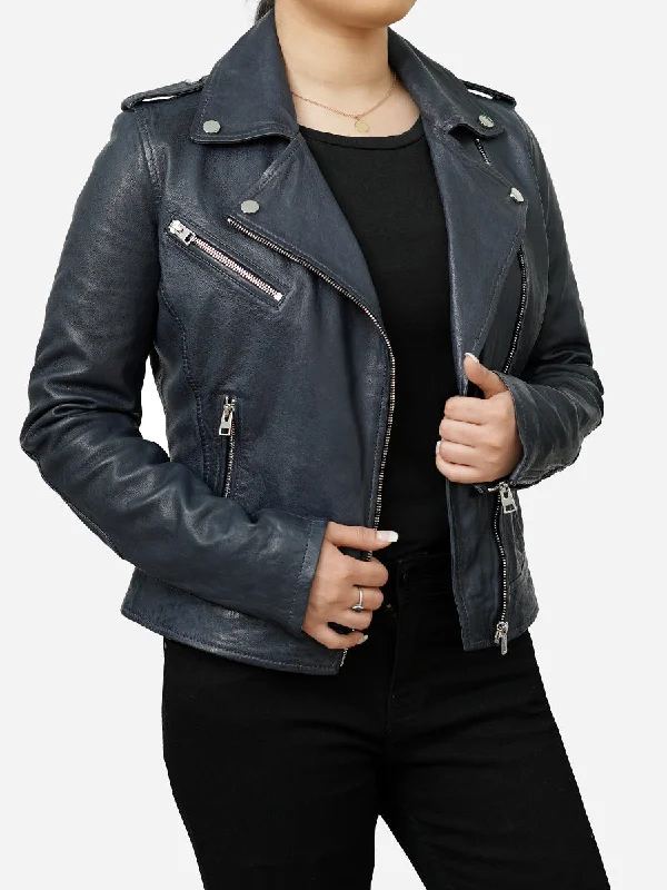 Jasika Genuine Vintage Blue Leather Biker Jacket