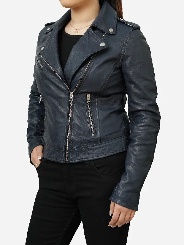 Jasika Genuine Vintage Blue Leather Biker Jacket