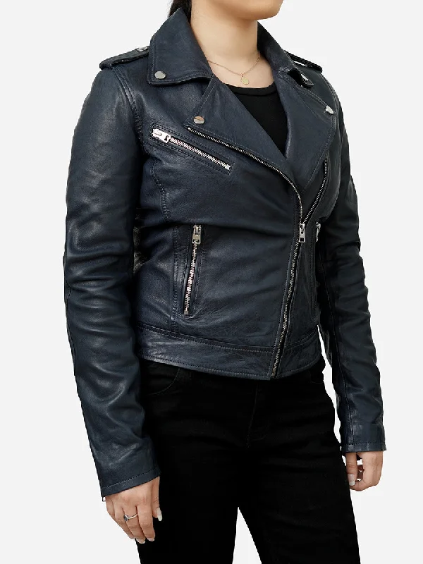 Jasika Genuine Vintage Blue Leather Biker Jacket