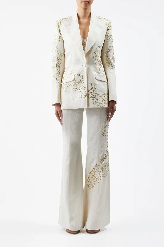 Leiva Embroidered Blazer in Ivory Textured Linen