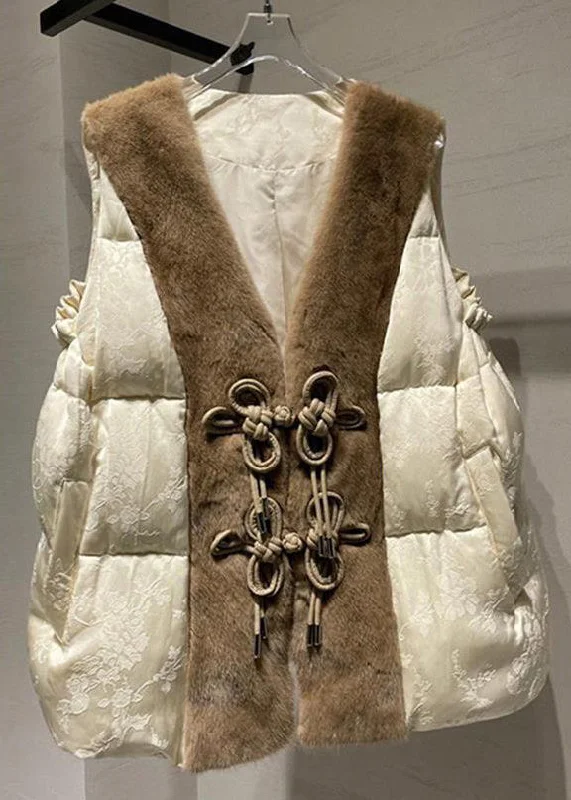 Loose Beige Button Mink Hair Patchwork Duck Down Waistcoat Sleeveless