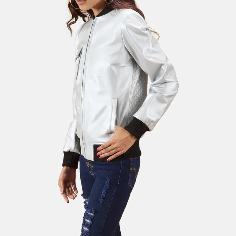 Women's Metallic Silver Leather Jacket with Zipper Closure