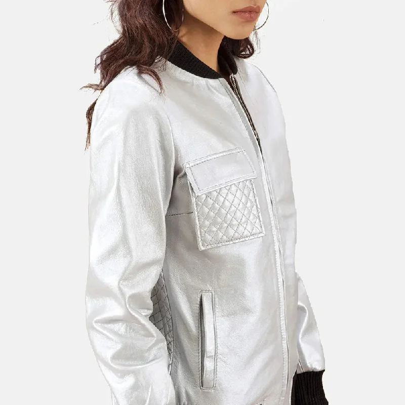 Women's Metallic Silver Leather Jacket with Zipper Closure