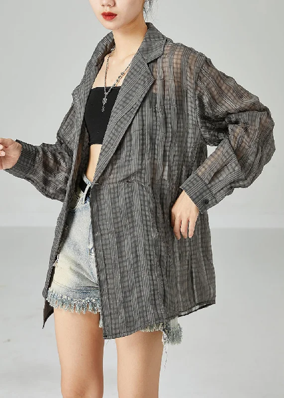 Organic Dark Grey Oversized Striped Wrinkled Linen Shirt Tops Spring