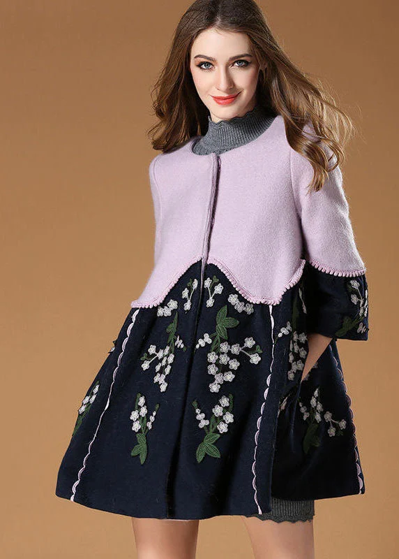 Plus Size Colorblock O-Neck Embroideried Patchwork Woolen Trench Spring