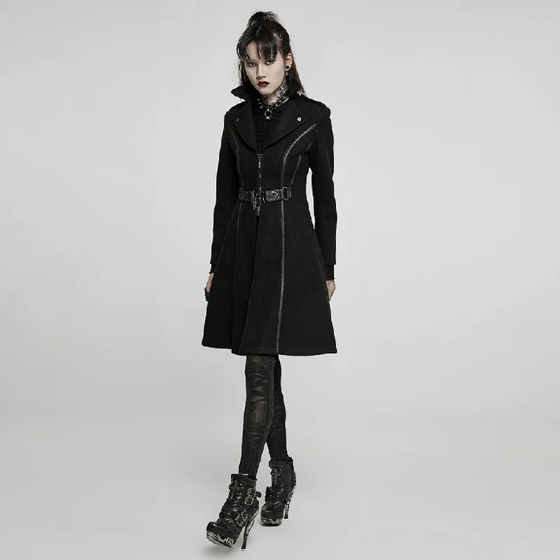 Women's Gothic Punk Turn-down Collar Front Zip Winter Long Coat