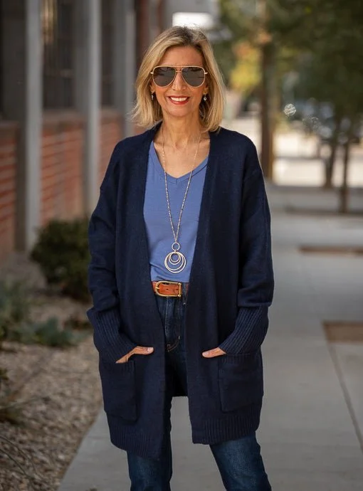 Navy Long Boxy Cardigan With Pockets