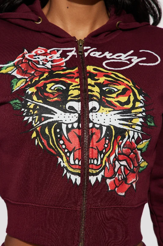 Retro Tiger Ed Hardy Zip Front Hoodie - Burgundy