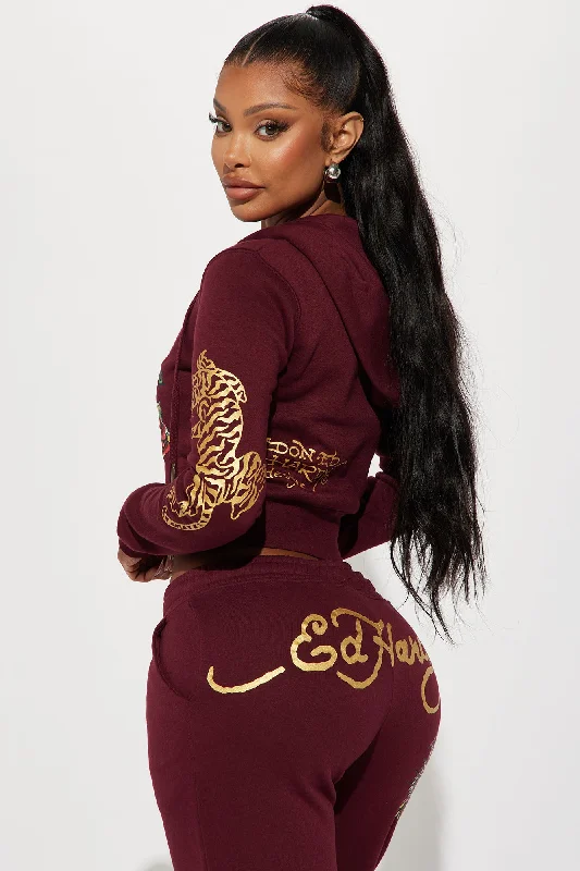 Retro Tiger Ed Hardy Zip Front Hoodie - Burgundy