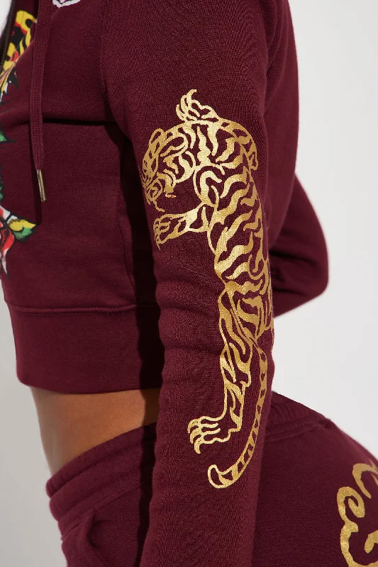 Retro Tiger Ed Hardy Zip Front Hoodie - Burgundy