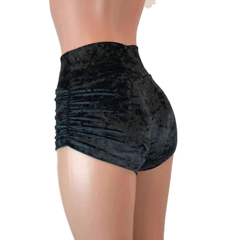 Ruched Booty Shorts - Black Crushed Velvet Scrunch Shorts