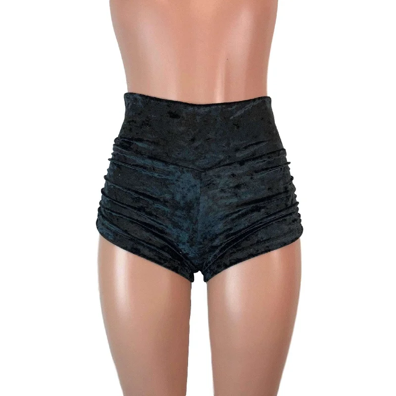 Ruched Booty Shorts - Black Crushed Velvet Scrunch Shorts