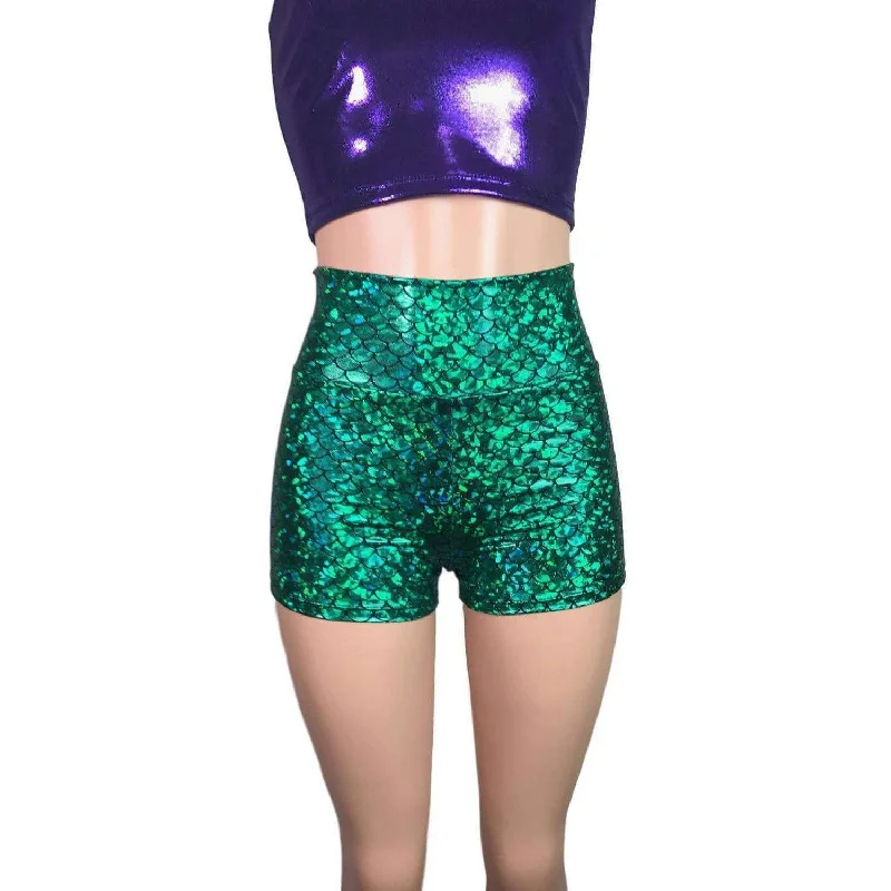 Mermaid Costume - green mermaid scales Booty Shorts and purple crop top outift - Clubwear, Rave Wear, Mini Circle Skirt