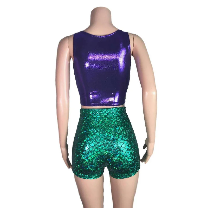 Mermaid Costume - green mermaid scales Booty Shorts and purple crop top outift - Clubwear, Rave Wear, Mini Circle Skirt