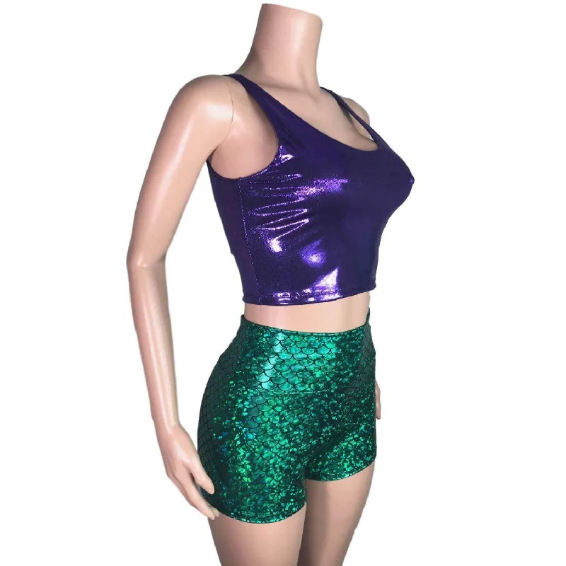 Mermaid Costume - green mermaid scales Booty Shorts and purple crop top outift - Clubwear, Rave Wear, Mini Circle Skirt