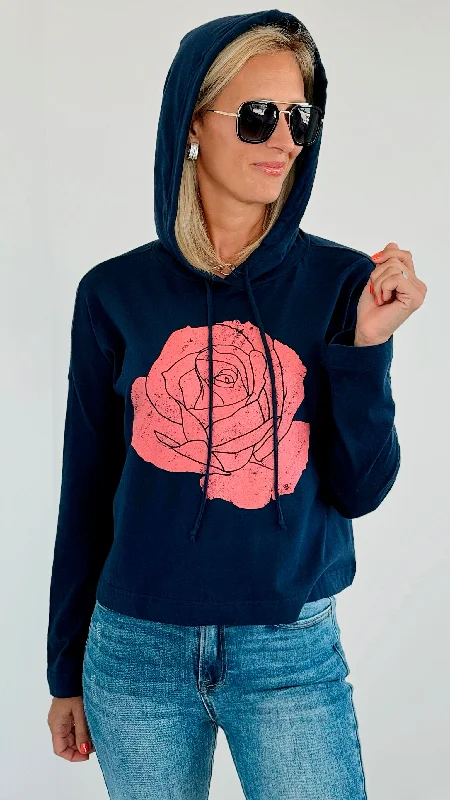 Rose Print Hoodie Sweatshirt - French Navy