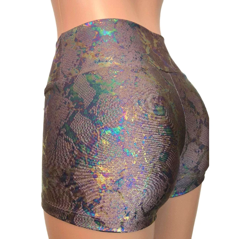 SALE - XS - High Waisted Booty Shorts - Mauve Snakeskin Holographic