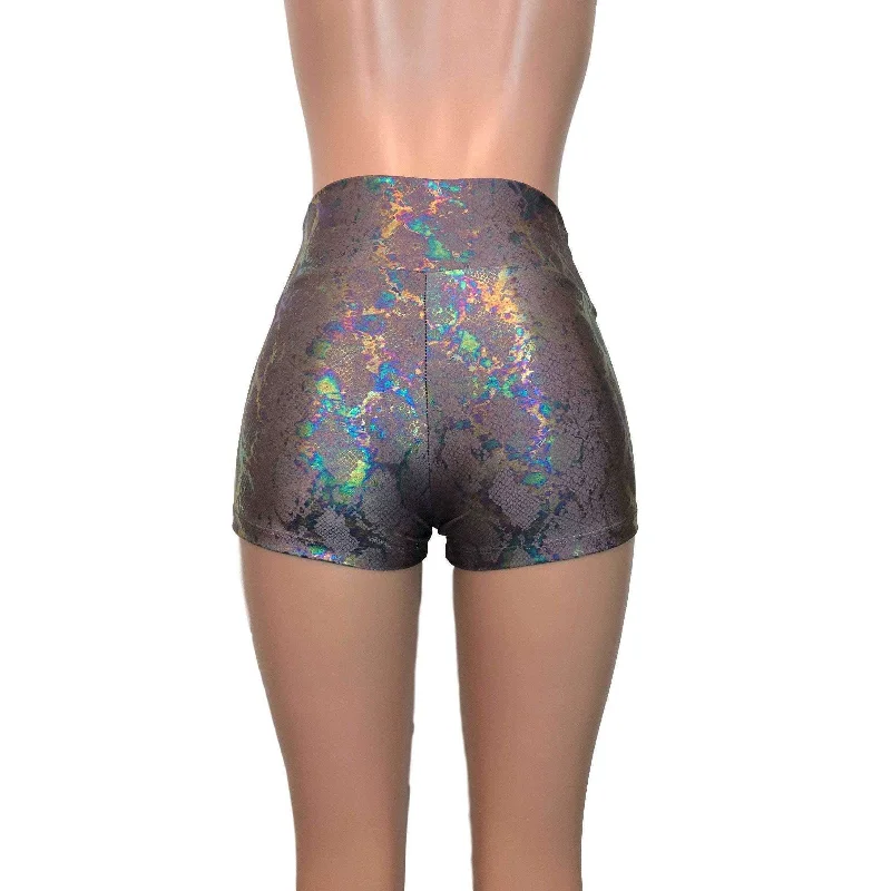 SALE - XS - High Waisted Booty Shorts - Mauve Snakeskin Holographic