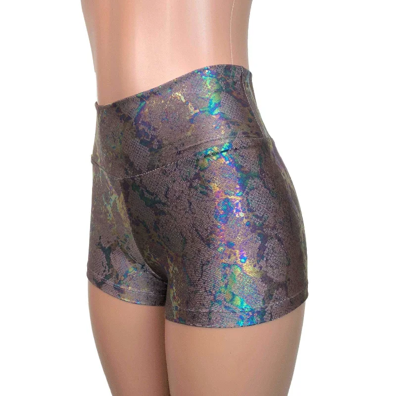 SALE - XS - High Waisted Booty Shorts - Mauve Snakeskin Holographic