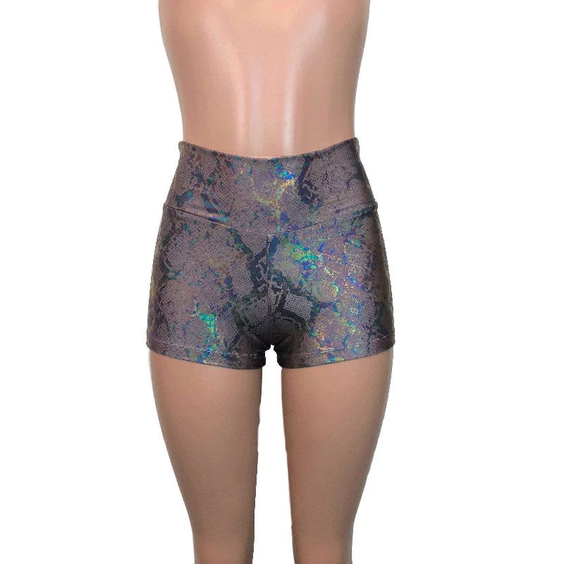 SALE - XS - High Waisted Booty Shorts - Mauve Snakeskin Holographic