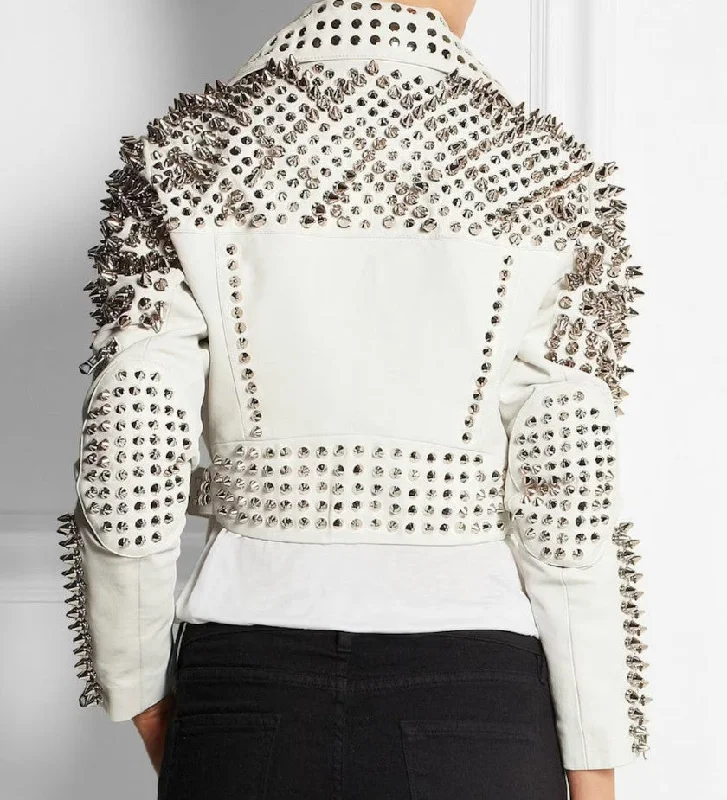 Trendy Style Women's Full White Punk Brando Spiked Studded Leather Jacket