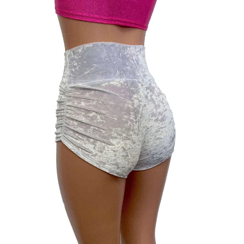 Ruched Booty Shorts - White Crushed Velvet